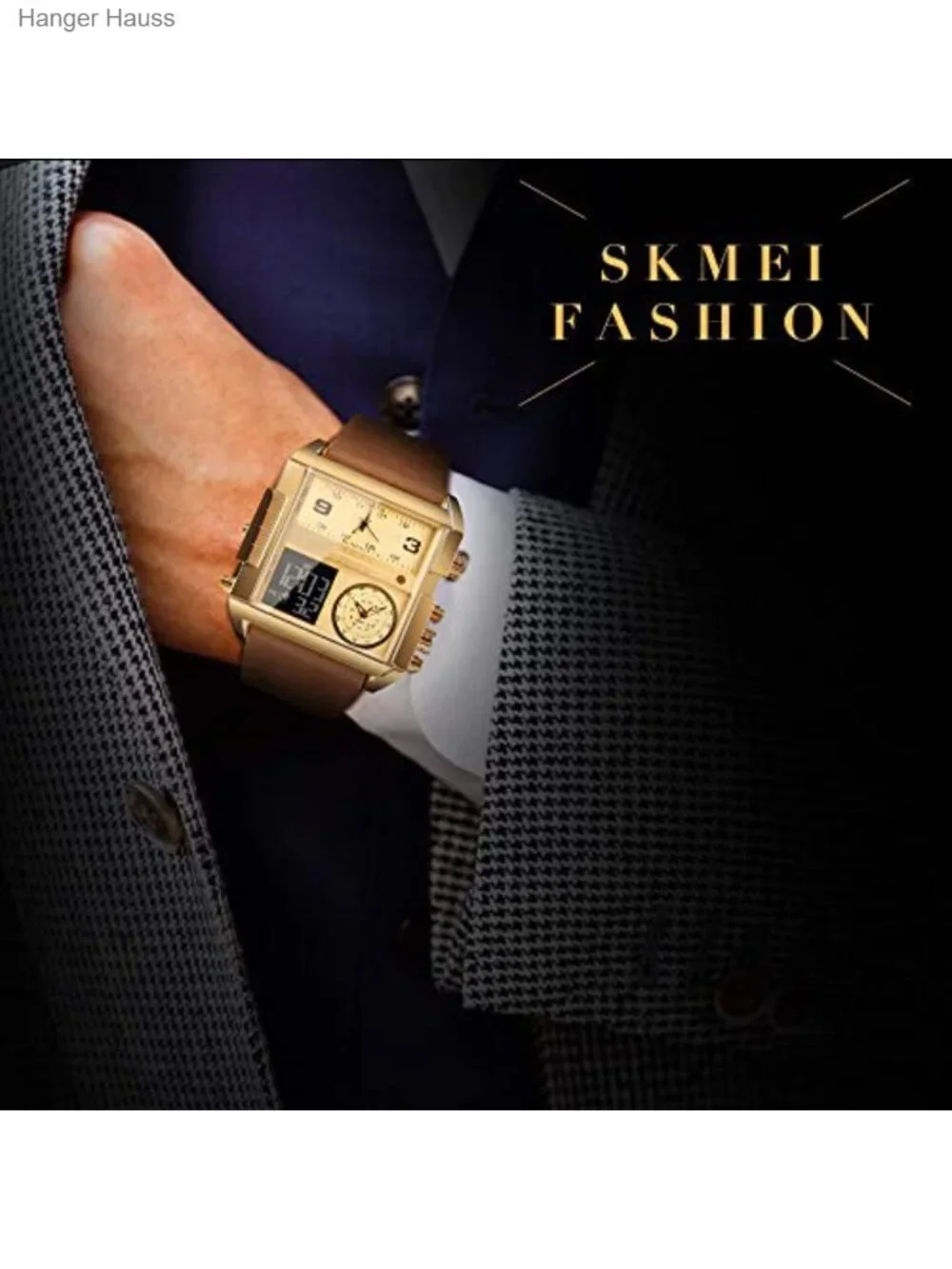 Men's Square Large Face Analog Digital Sport Watch Leather Band Chronograph